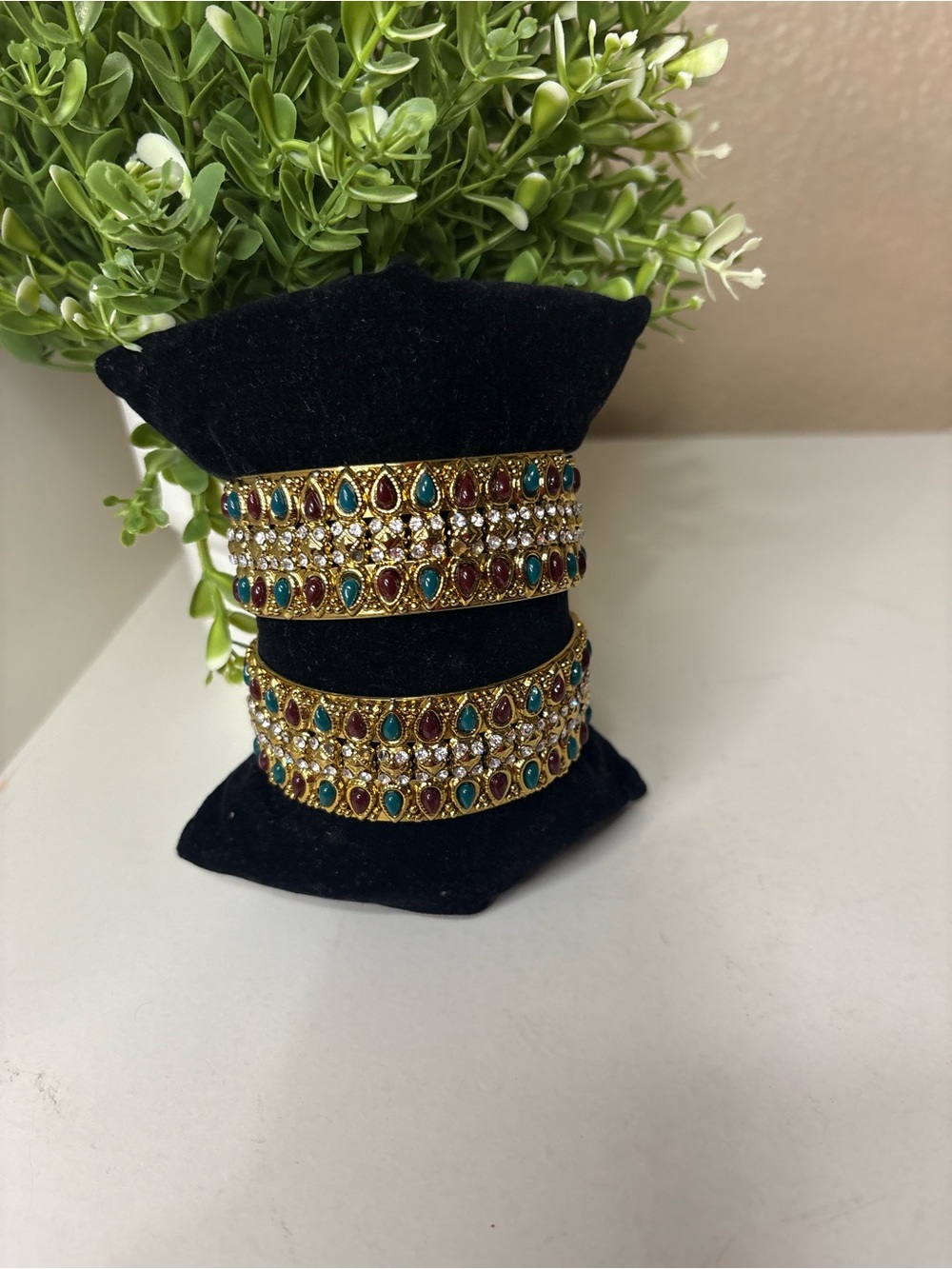 Gold Tone Afghani Style Kada Bangles Set – Teal Maroon Rhinestone Boho Pair
